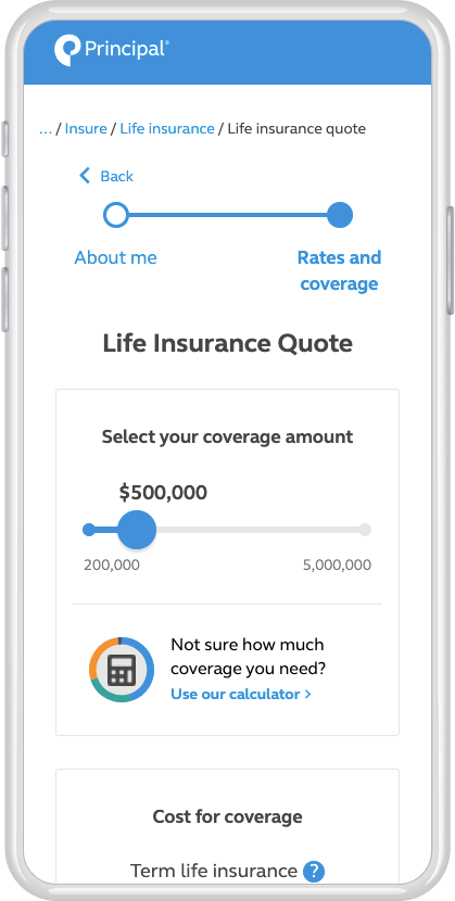 Photo of a mobile phone showing our life insurance quote tool.
