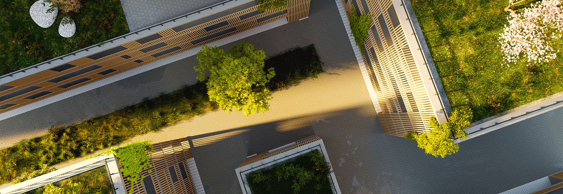 Sustainable green office High angle view of a sustainable green office or housing complex