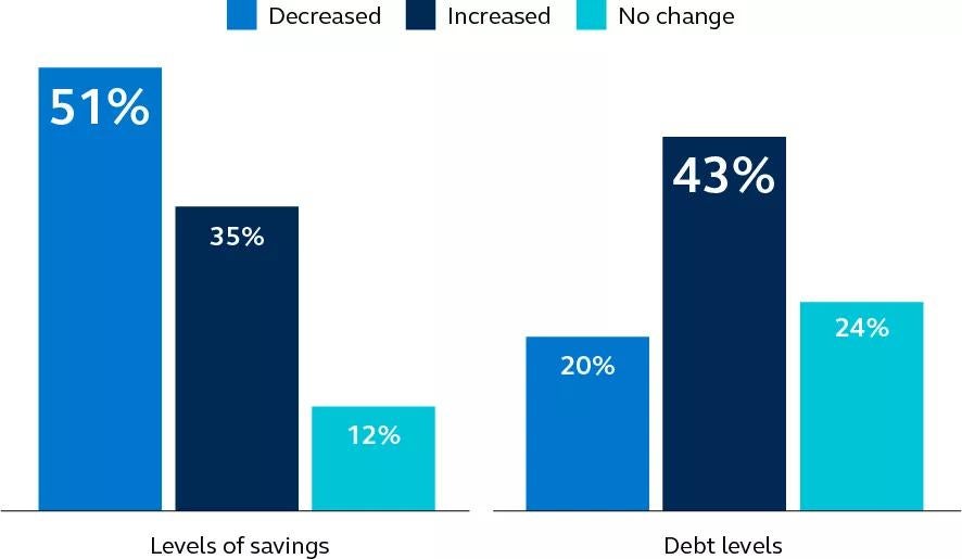 Bar chart Percentage of change for level of savings and debt levels