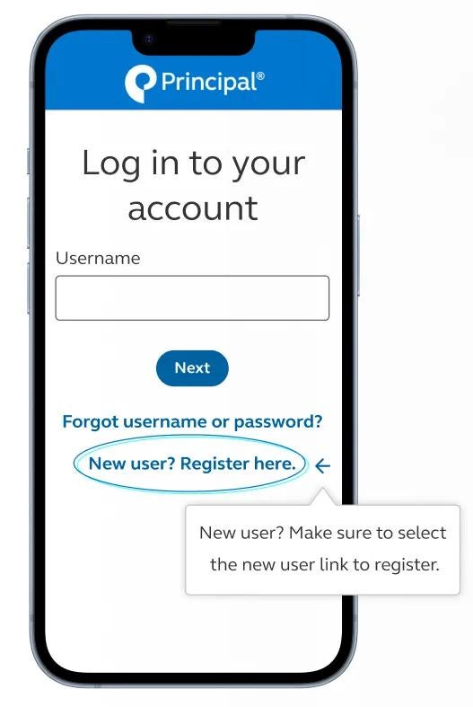 Smartphone displaying login screen for an account. A message advises new users to select the "New user? Register here" link. Smartphone displaying login screen for an account. A message advises new users to select the "New user? Register here" link.