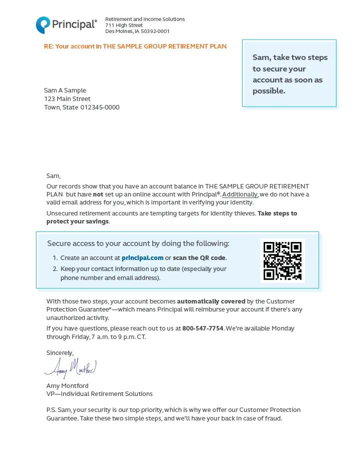 Sample account security letter a participant receives when they have an account balance but haven't set up an online account.