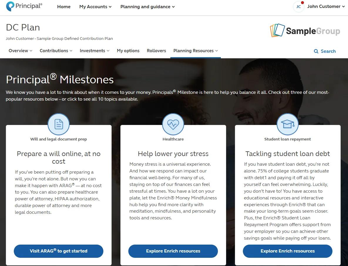 Principal Milestones main landing page, linking to various resources from ARAG and Enrich.