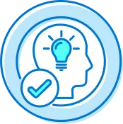 Blue circular icon featuring a silhouette of a head with a lightbulb inside, accompanied by a checkmark.