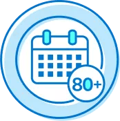 Blue circular icon featuring a calendar highlighting 80+ days.