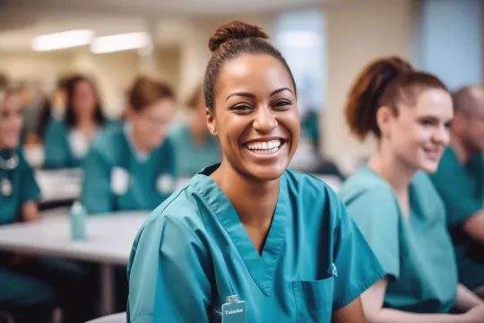  Image of a nurse smiling within a classroom of other nurses. 