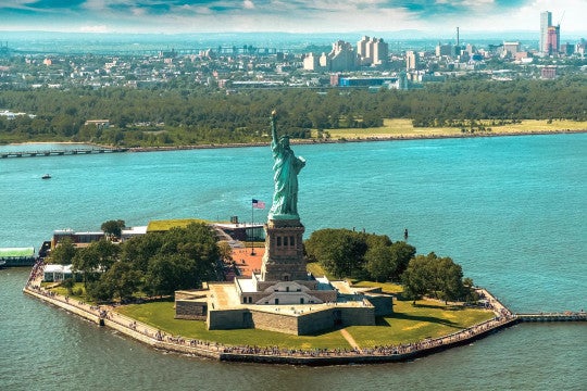 Panoramic aerial view Statue of Liberty in New York City, NY, USA