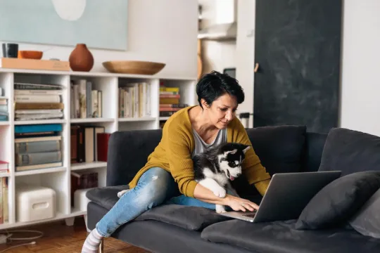 Woman sitting on couch with her puppy looking at budget on a computer