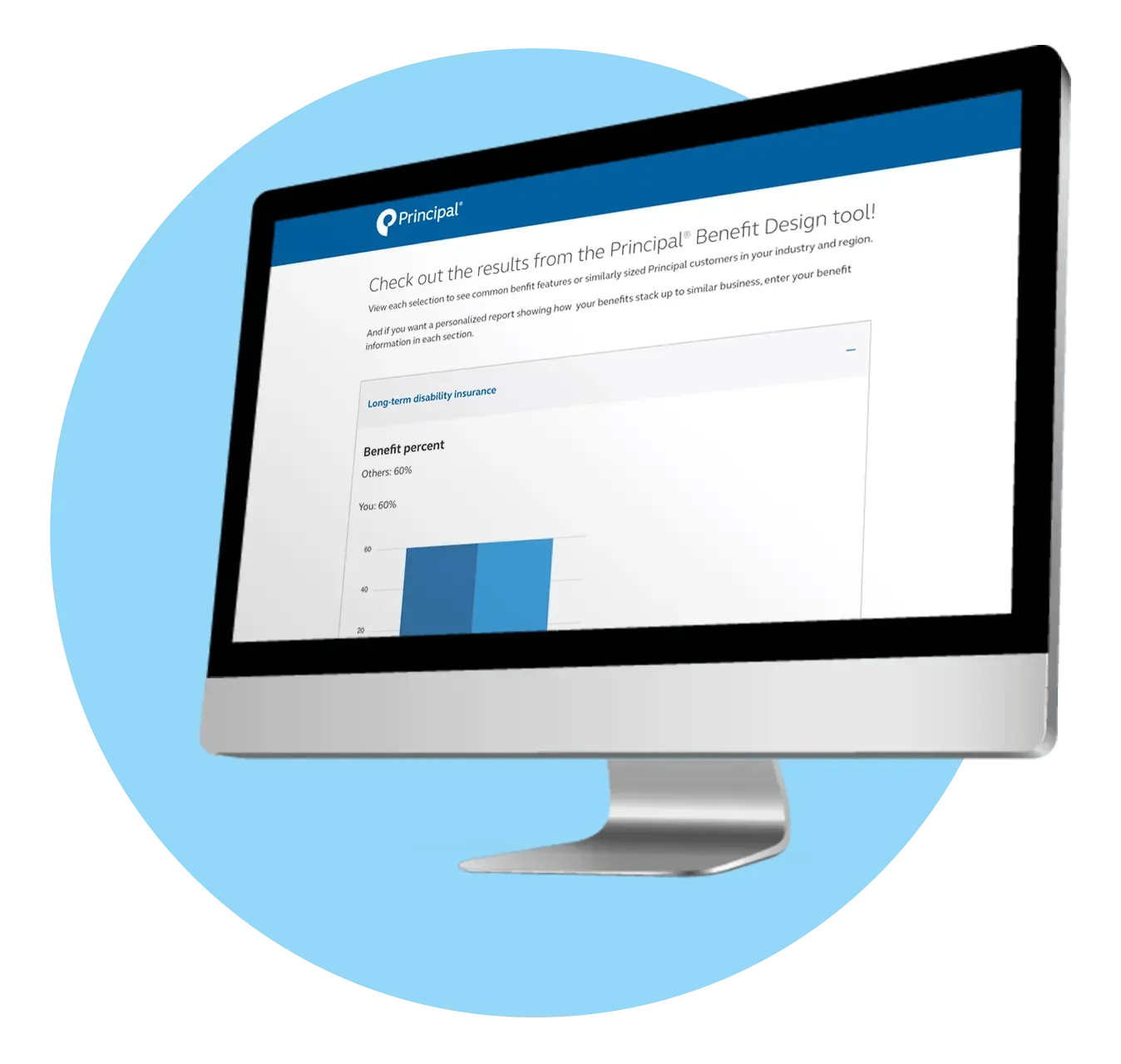 Sample results page from the Principal Benefit Design tool on a computer monitor.