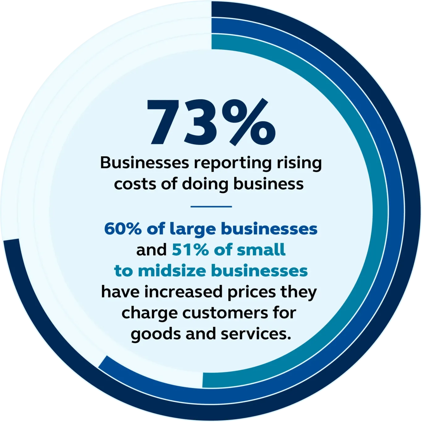 Chart showing 73% of businesses report rising costs, while 60% of large and 51% of small businesses have raised customer prices.