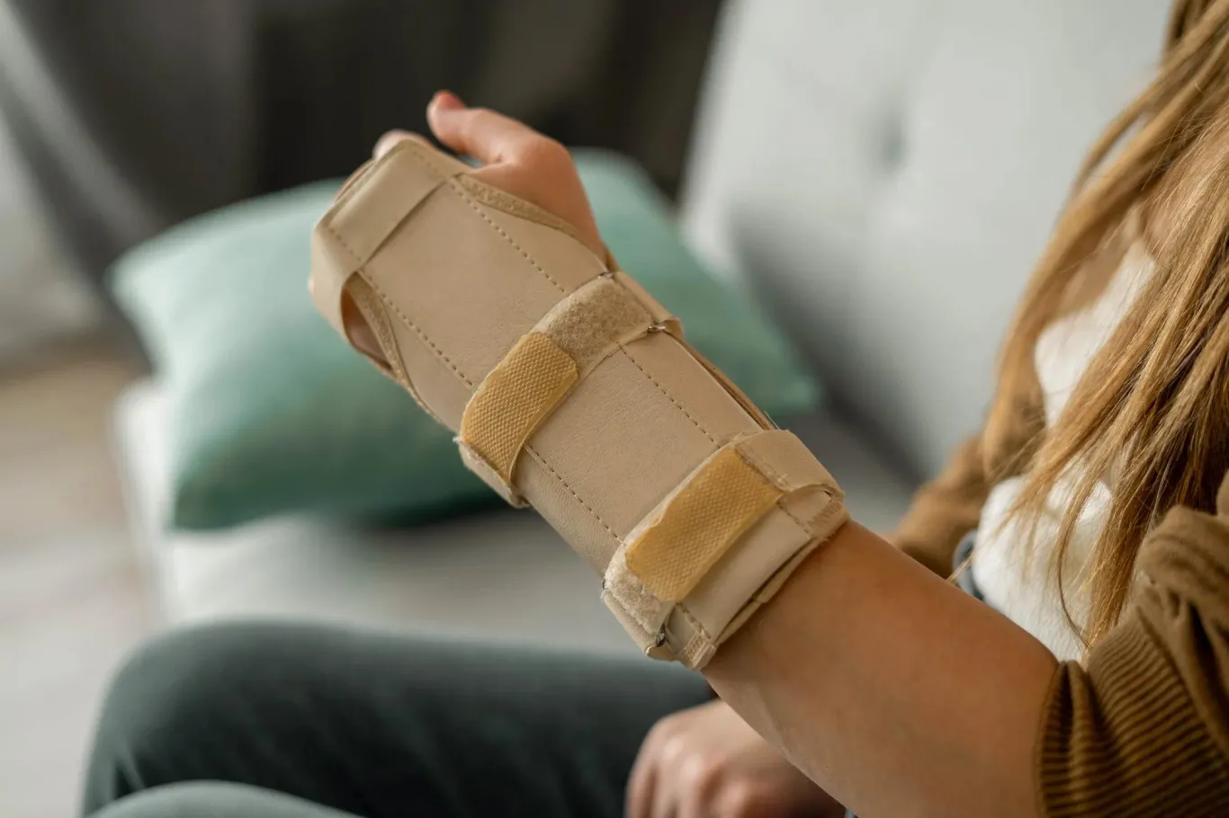 Woman sitting with brace on left hand.