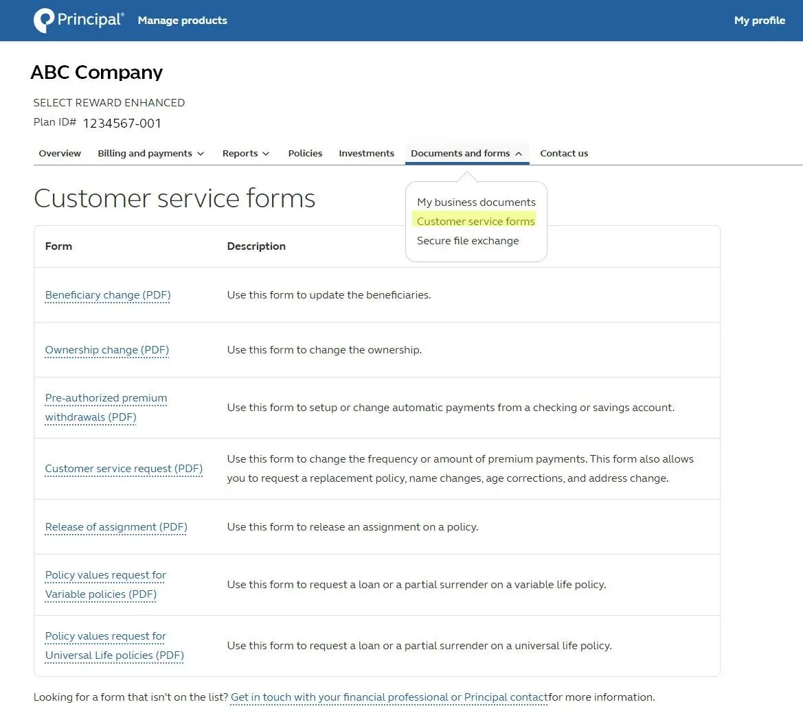 Customer service forms screen view