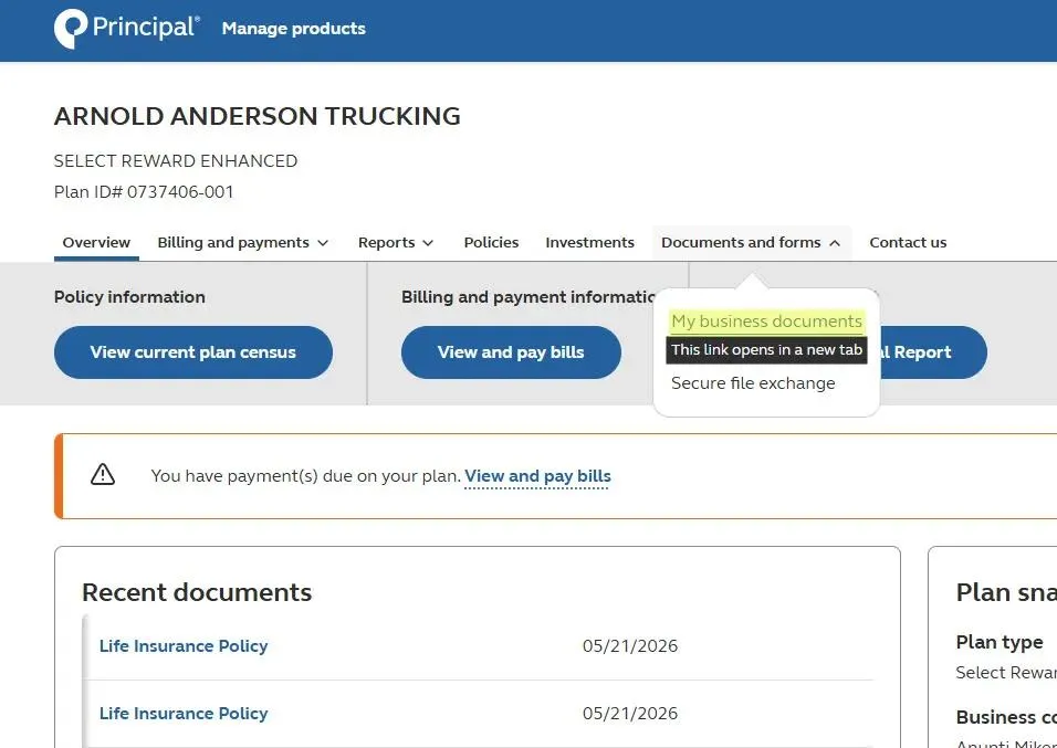 Documents and forms screen