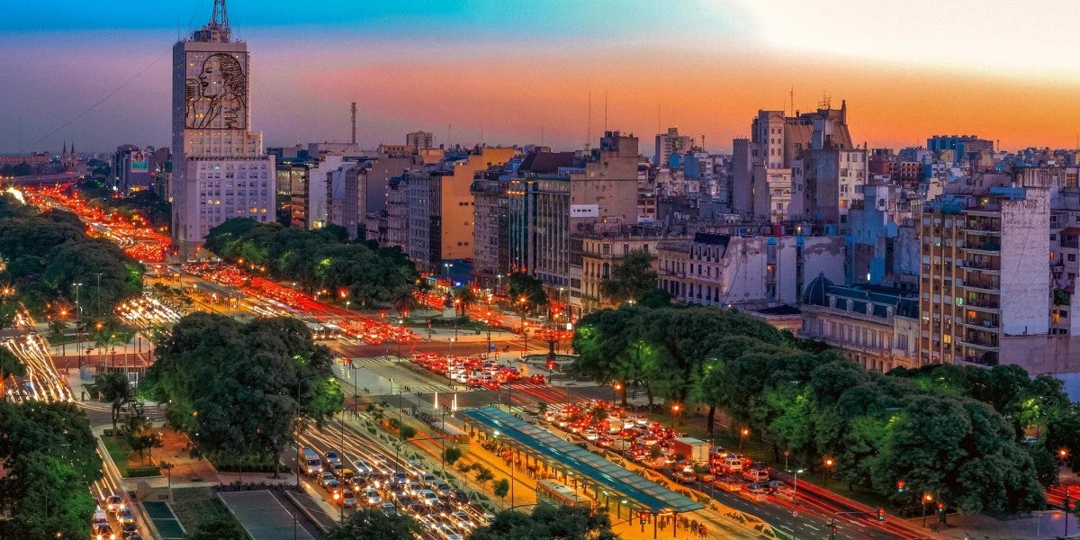 Ariel view of Buenos Aires at twilight.
