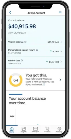 Mobile app view of a participant's 401(k) account 
