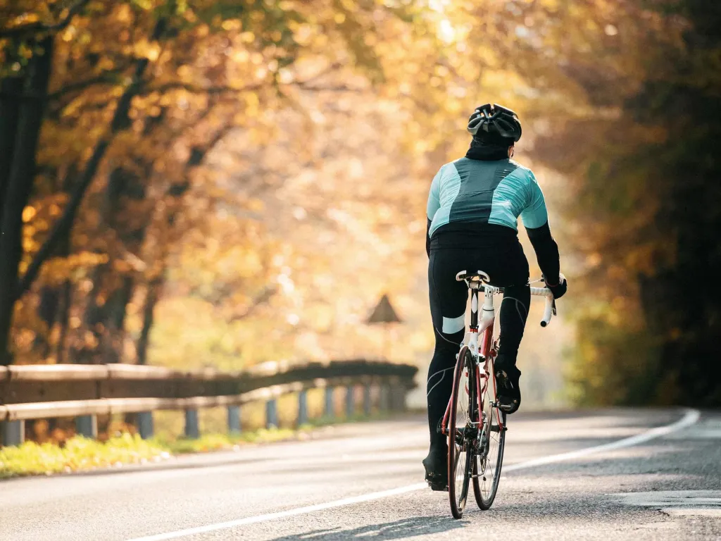 Bicycle rider biking down a street.