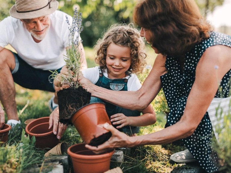 Man and woman working in the garden with a small child who is proud of their work