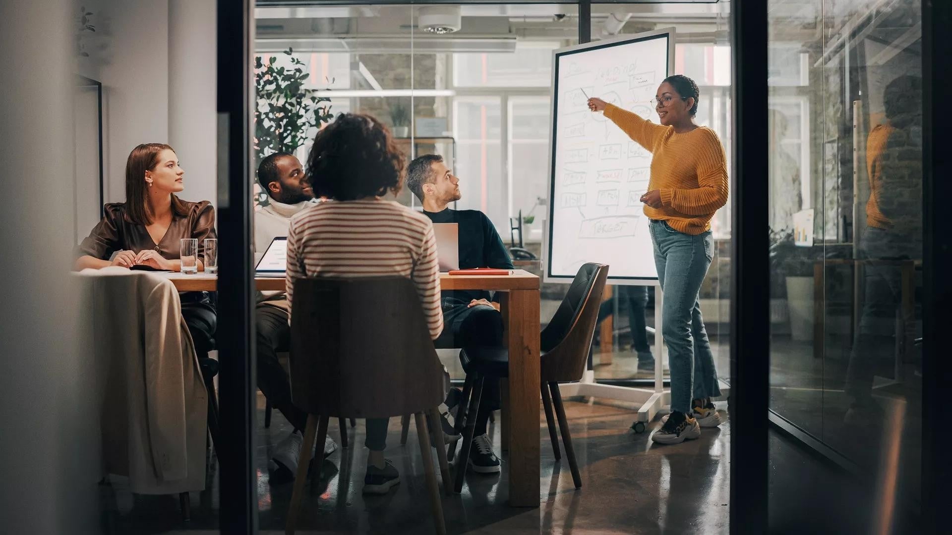 Project Manager makes a presentation for a diverse team in a meeting room.