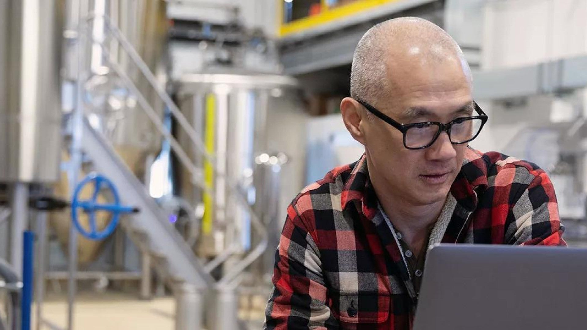 Male brewer using laptop in brewhouse distillery