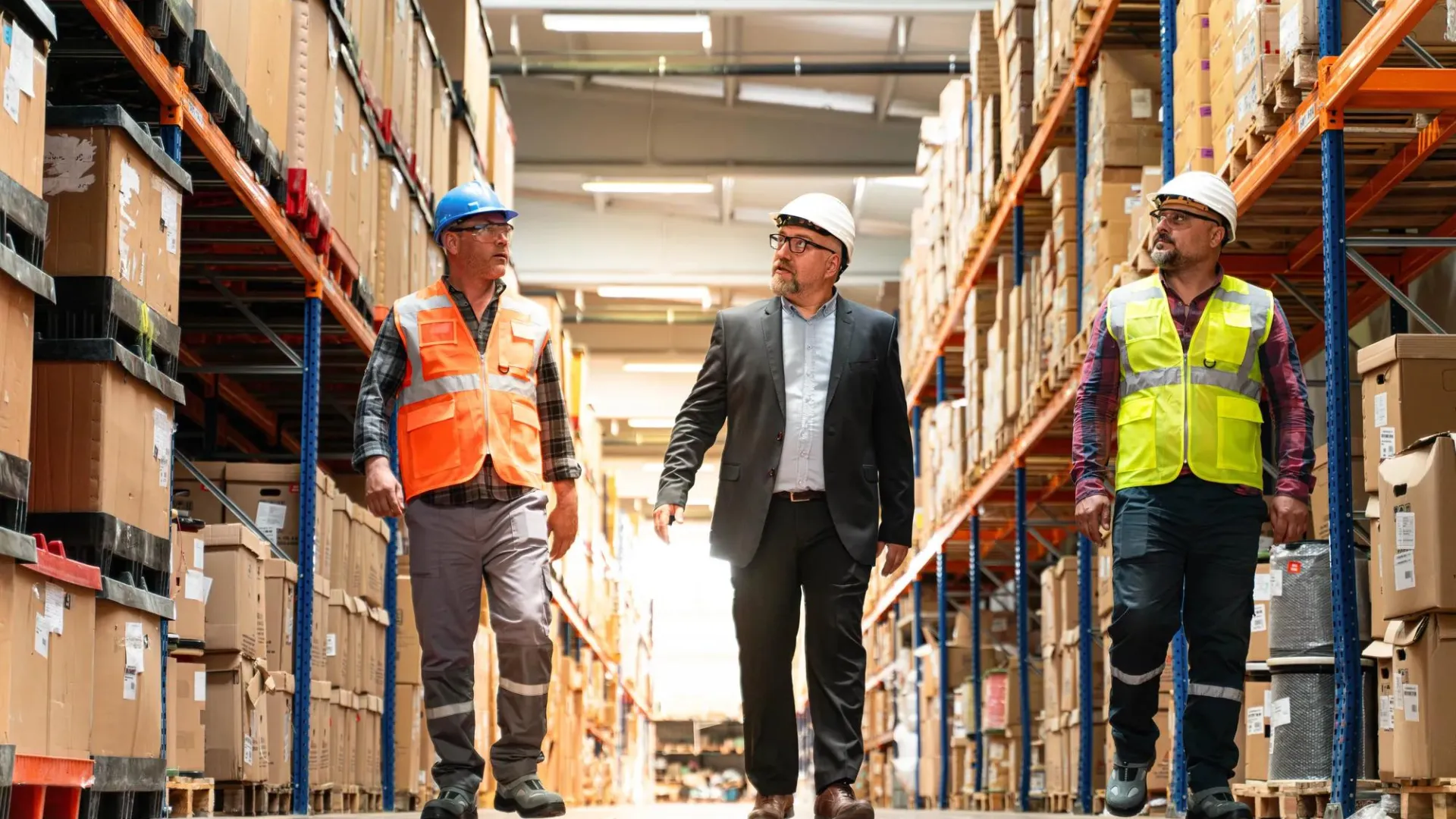Warehouse workers inspecting the warehouse with management.