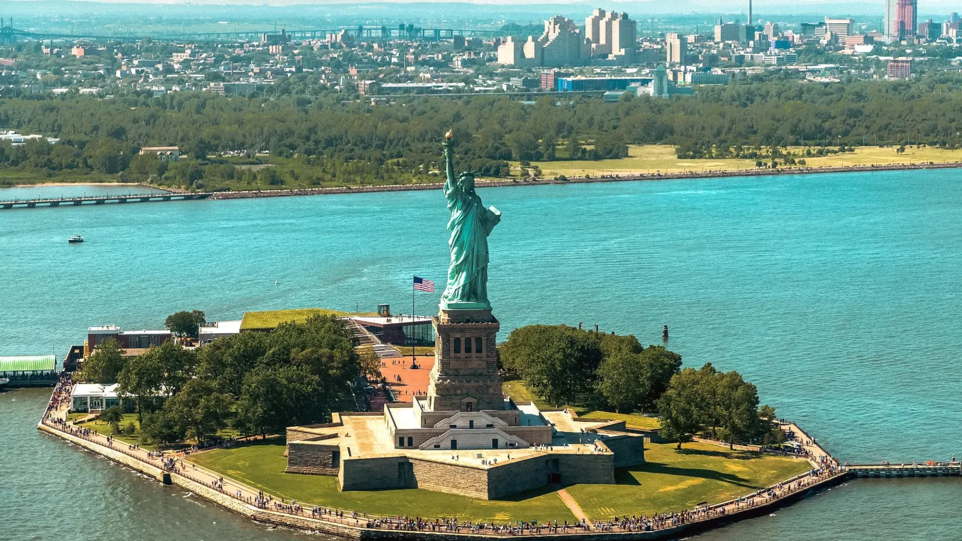 Panoramic aerial view Statue of Liberty in New York City, NY, USA