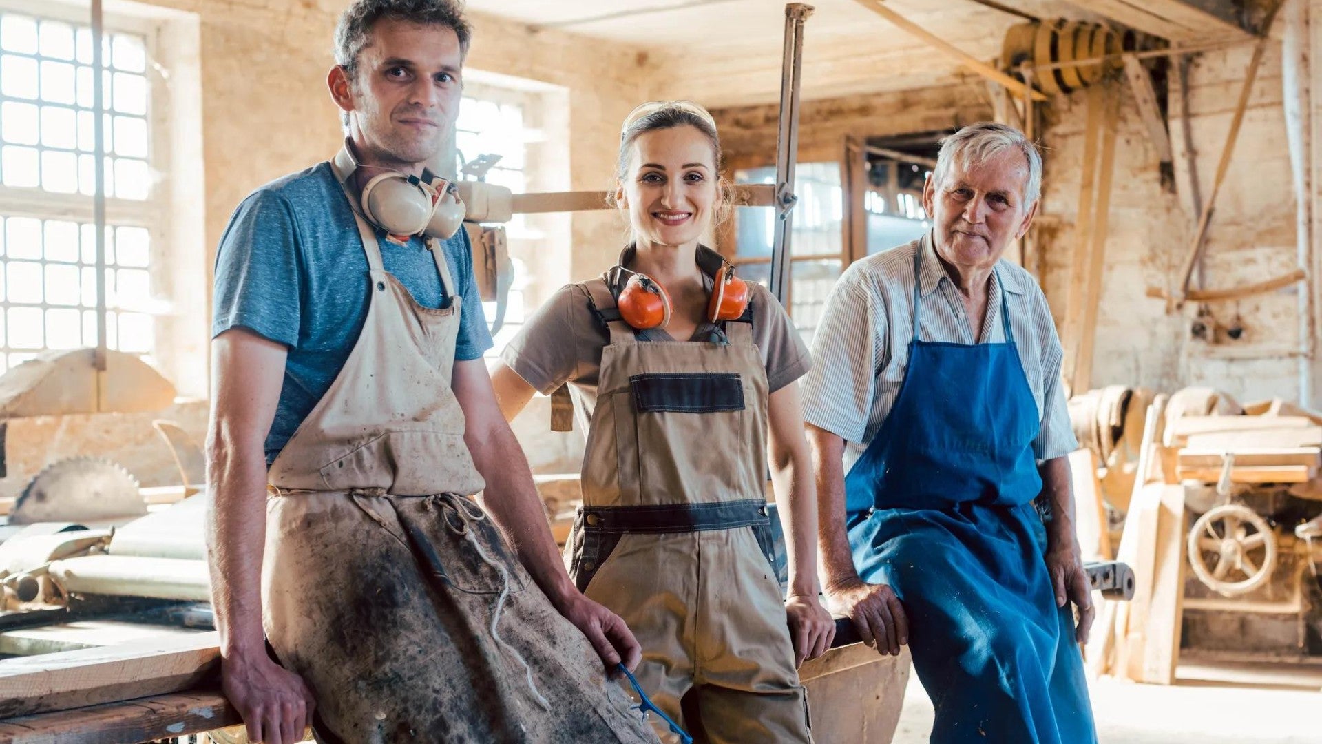 Multi-generation family in construction workshop