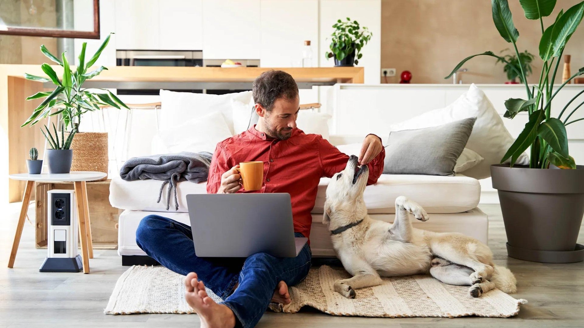 Man, sitting on floor looking at computer, with his dog