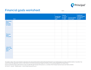 A preview of the financial goals worksheet. Thumbnail of the financial goals worksheet.