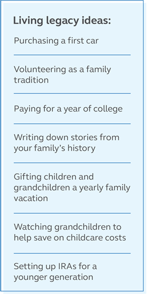 Illustration showing some living legacy ideas are purchasing a first car, volunteering as a family tradition, paying for a year of college, writing down stories from your family's history, gifting children and grandchildren a yearly family vacation, watching grandchildren to help save childcare costs, and setting up IRAs for a younger generation.
