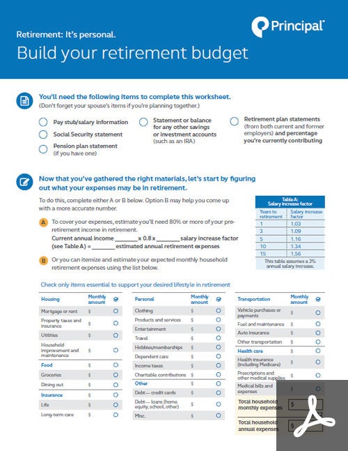 A preview of the retirement budget worksheet. Thumbnail of the retirement budget worksheet.