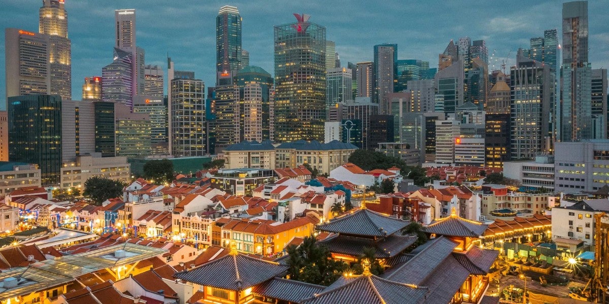 Singapore's Chinatown and financial district, featuring old and new urban development