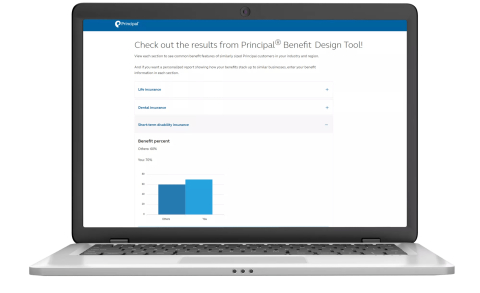 Laptop Image Photo showing report of how a small business owner’s employee benefits compare to similarly sized organizations.