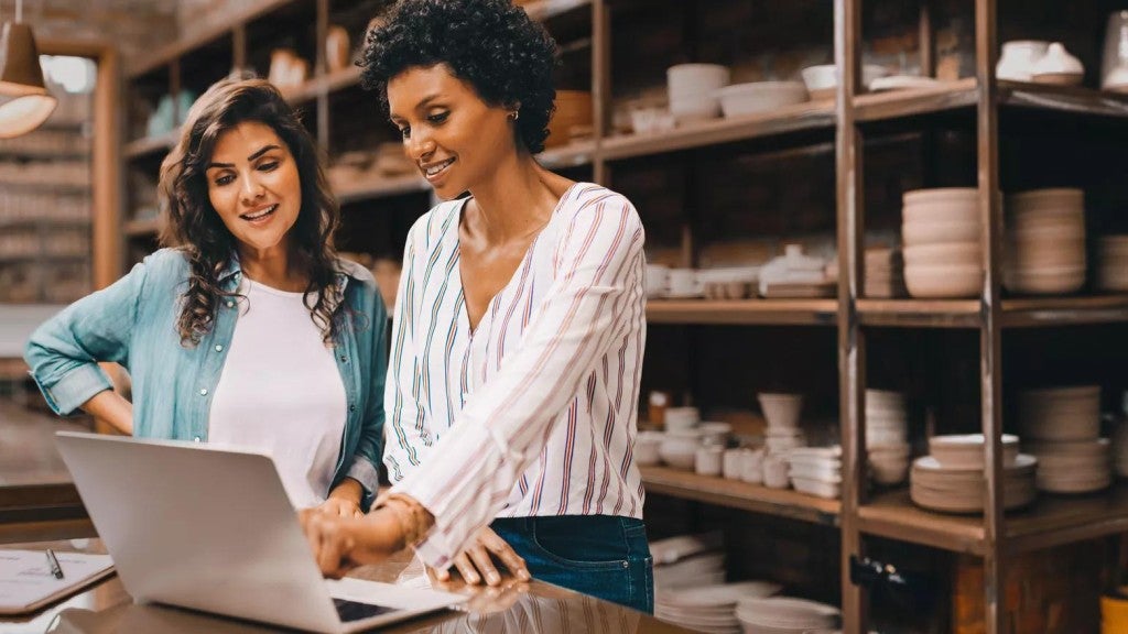 Young female ceramists using a laptop together in their store