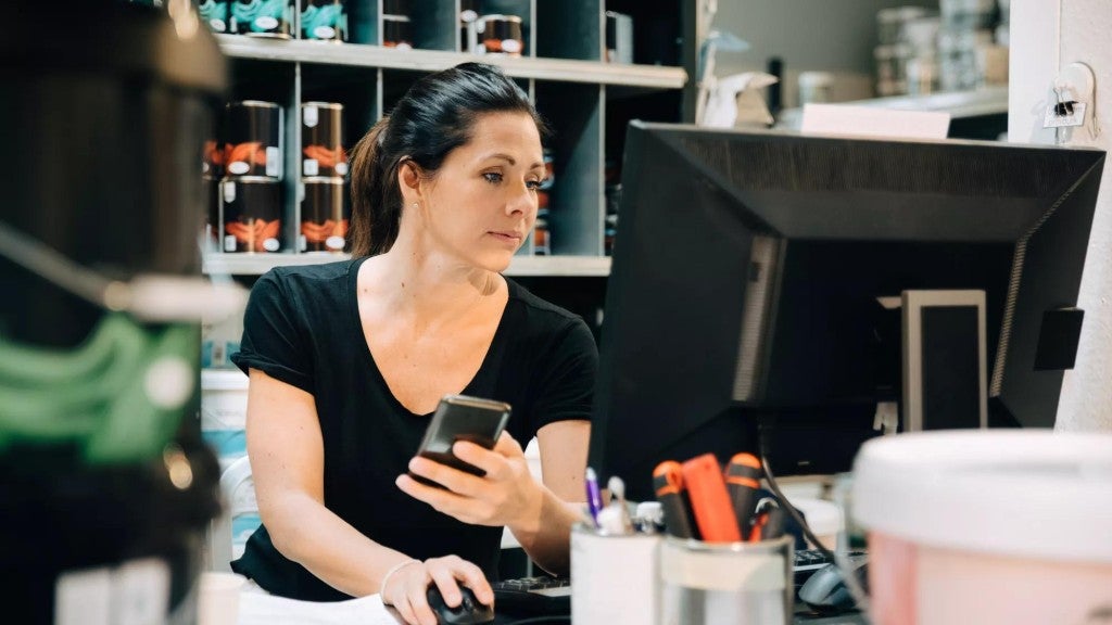 Woman behind a computer in a paint shop looking up information