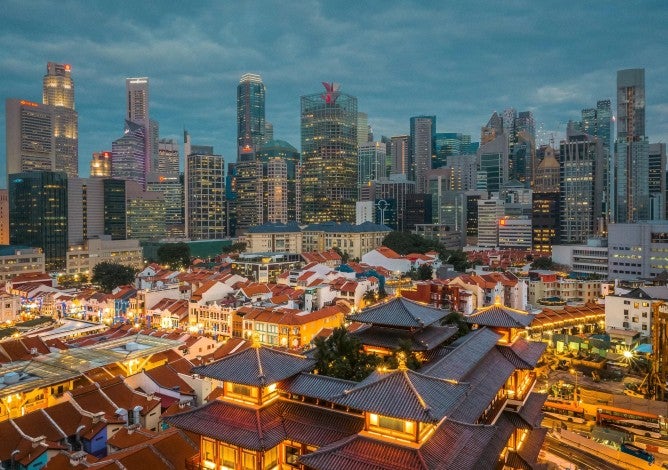Singapore's Chinatown and financial district, featuring old and new urban development