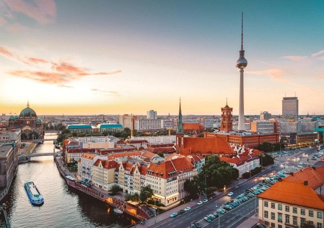 Skyline of Berlin, Germany at dusk