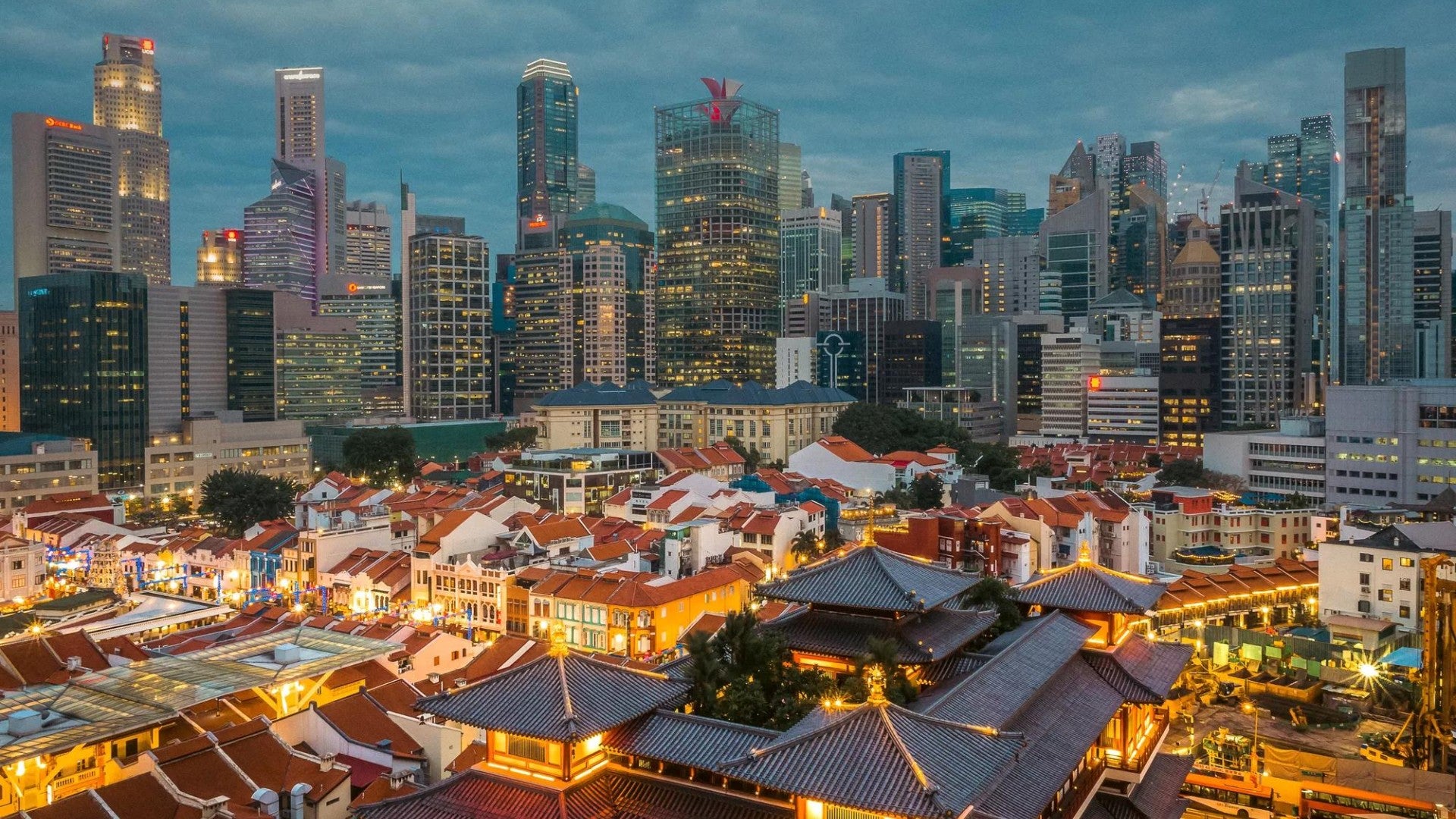 Singapore's Chinatown and financial district, featuring old and new urban development