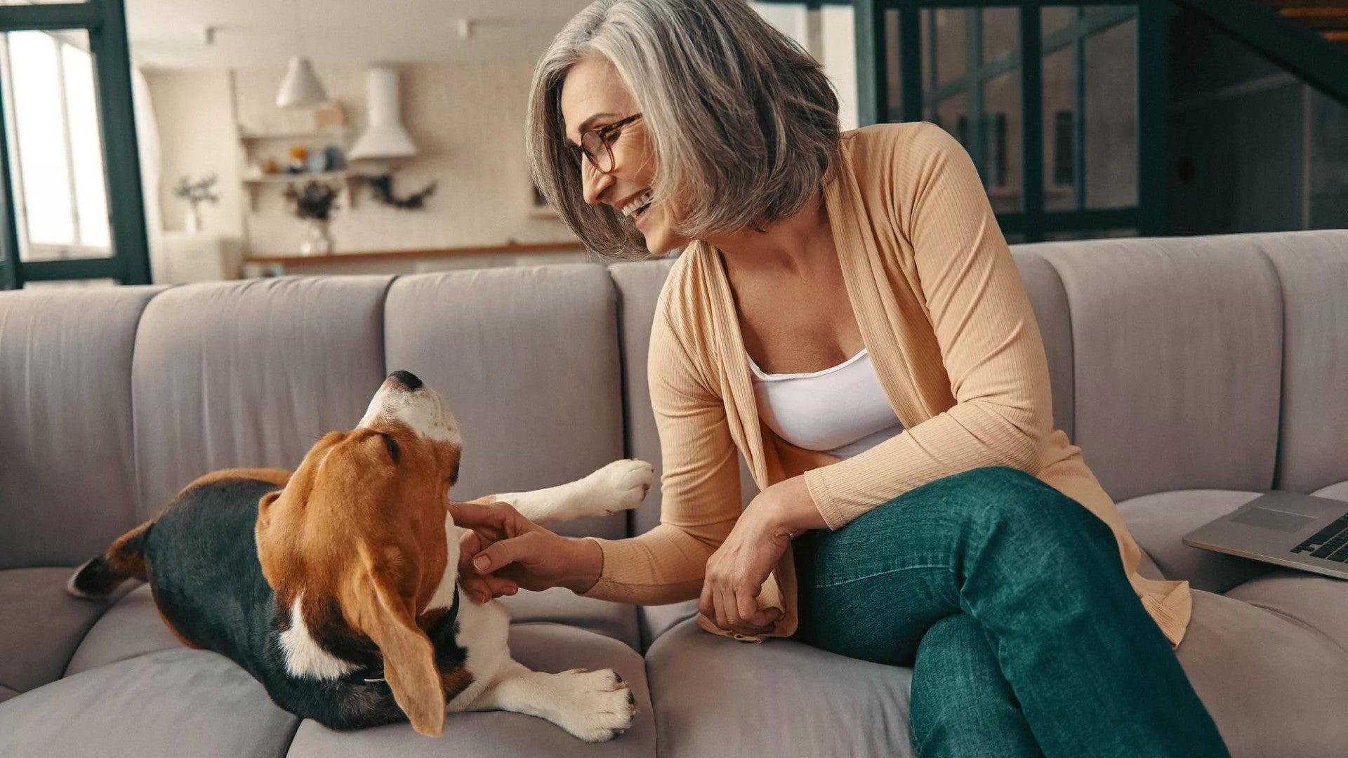 Active gray-haired woman laughing and sitting on the couch with her beagle dog